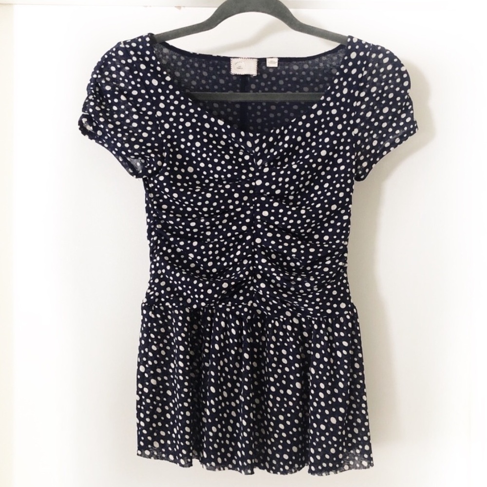 postmark anthropologie blue white polka dot blouse